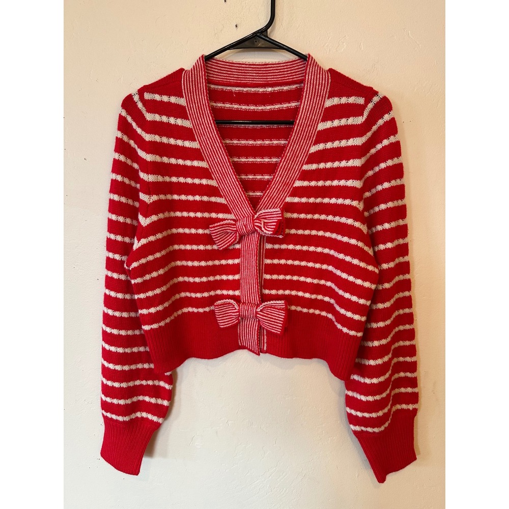 Dillards Red White Striped Bow Front Cropped Cardigan Sweater Womens